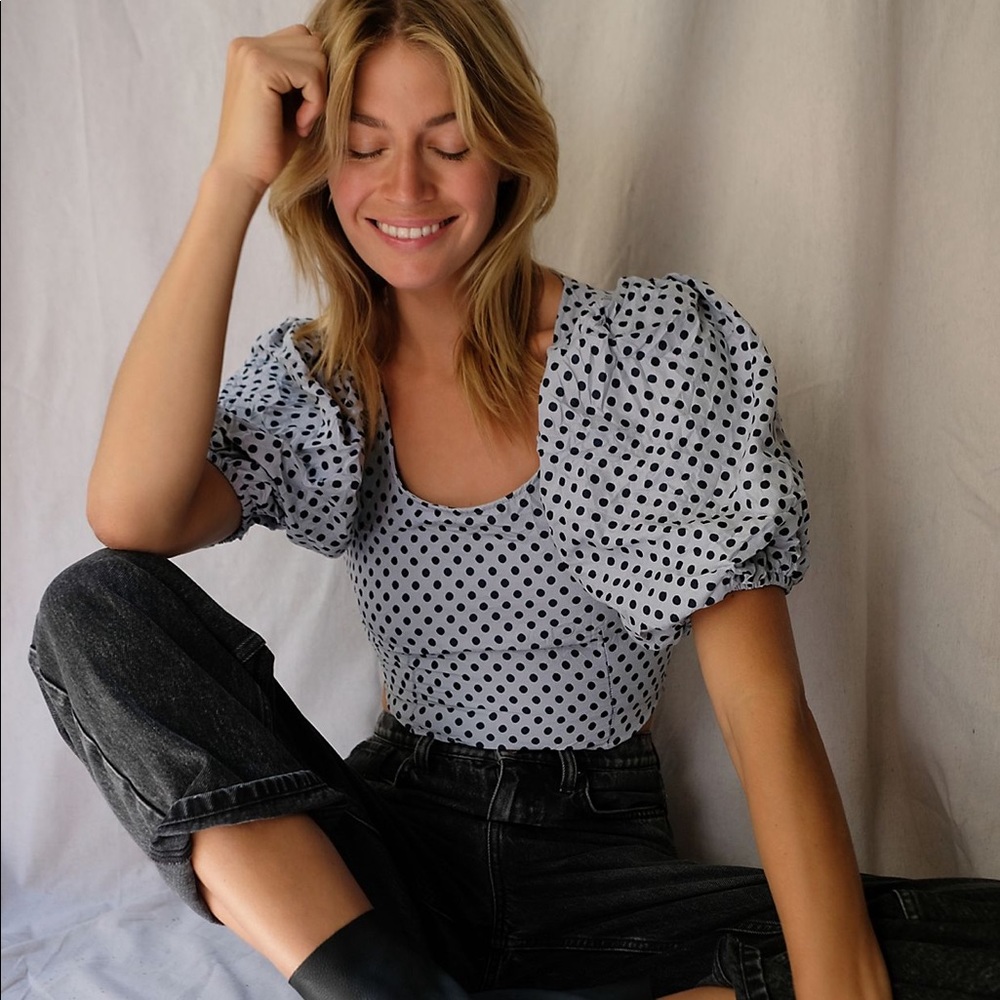 Fitting puff sleeve polka dot free people top